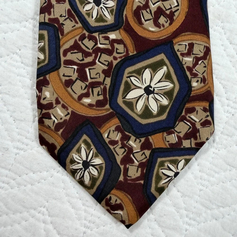 Robert Talbott Mens 100% Silk Tie Geometric Floral Burgundy‎ Gold Blue USA Made